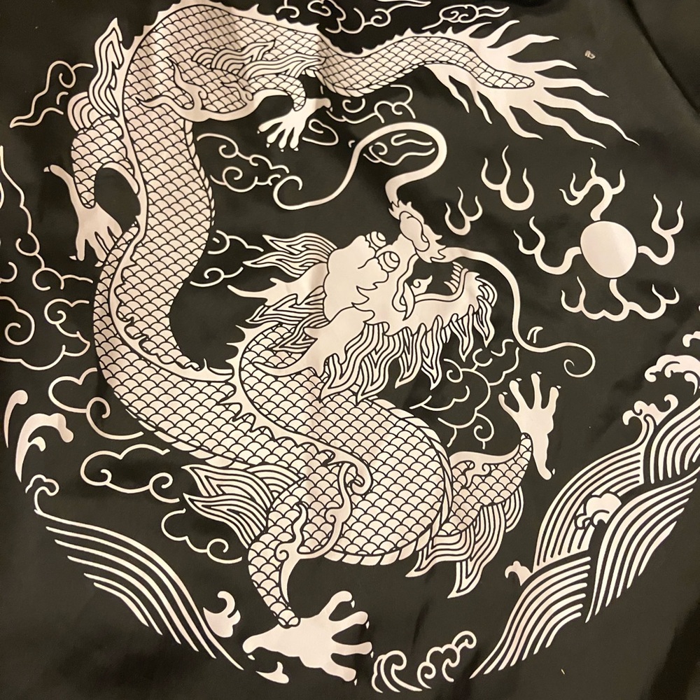 Forever 21 Black Satin Bomber Jacket with White Dragon Design size small